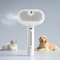White self-cleaning pet grooming brush with mist, cat and dog