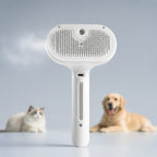White self-cleaning pet grooming brush with mist, cat and dog
