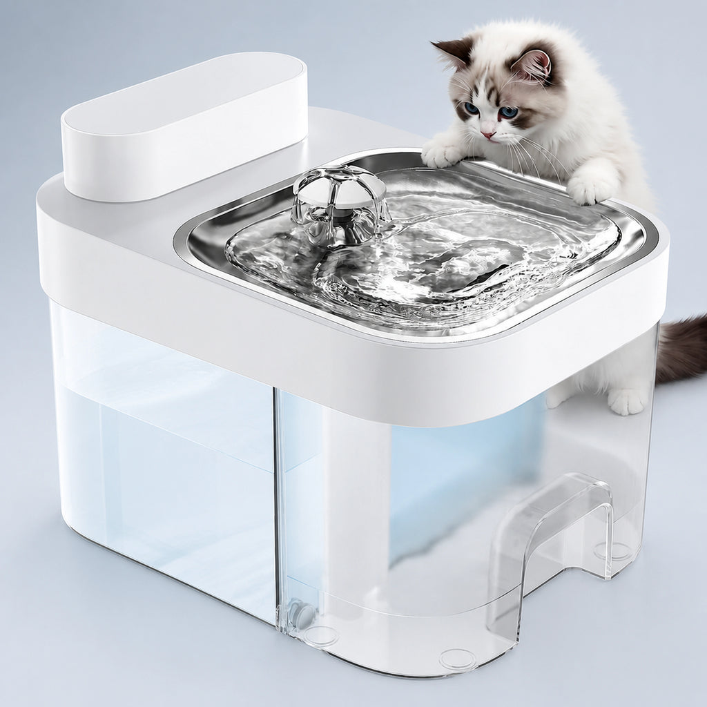 White smart cat water fountain with stainless-steel tray and cat