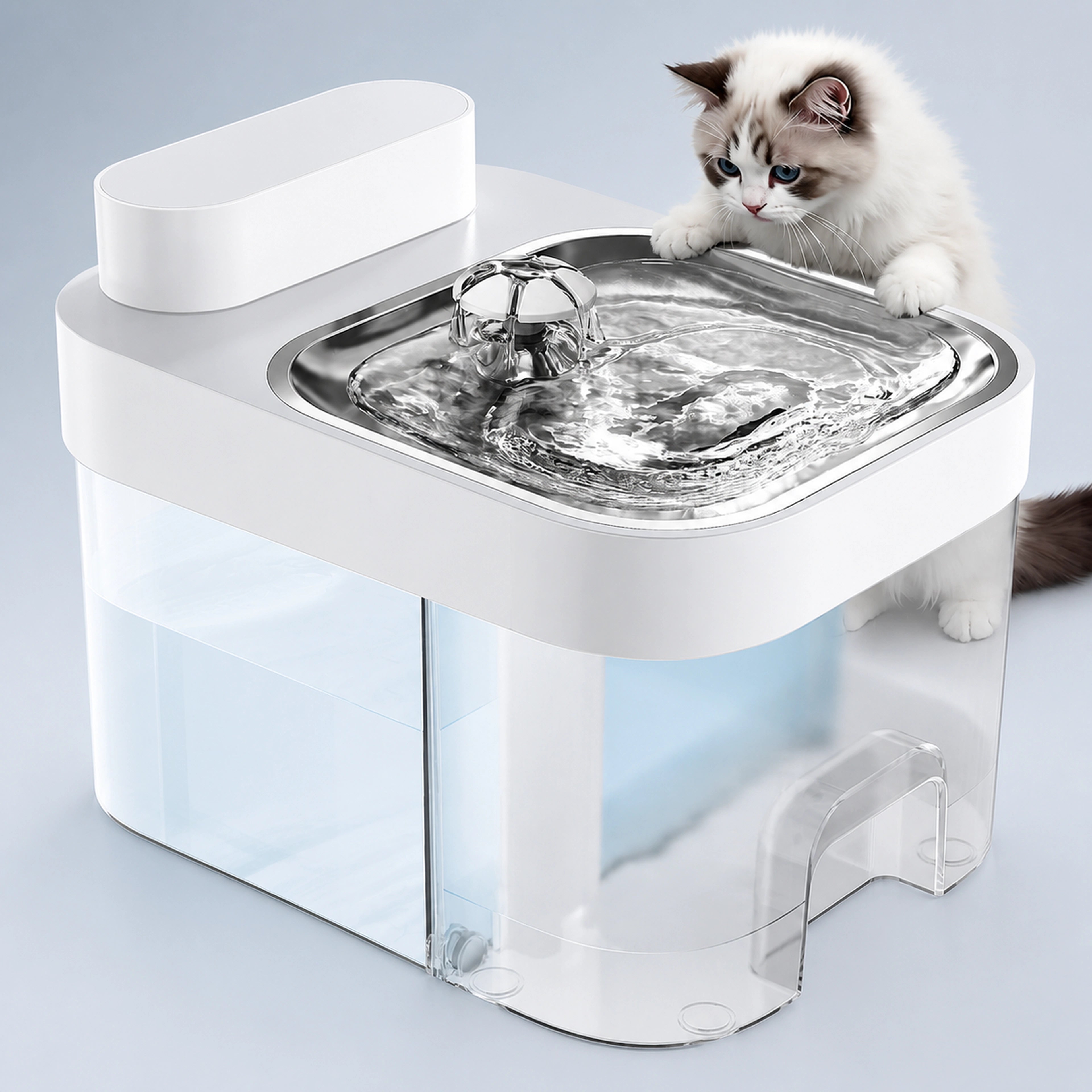 White smart cat water fountain with stainless-steel tray and cat