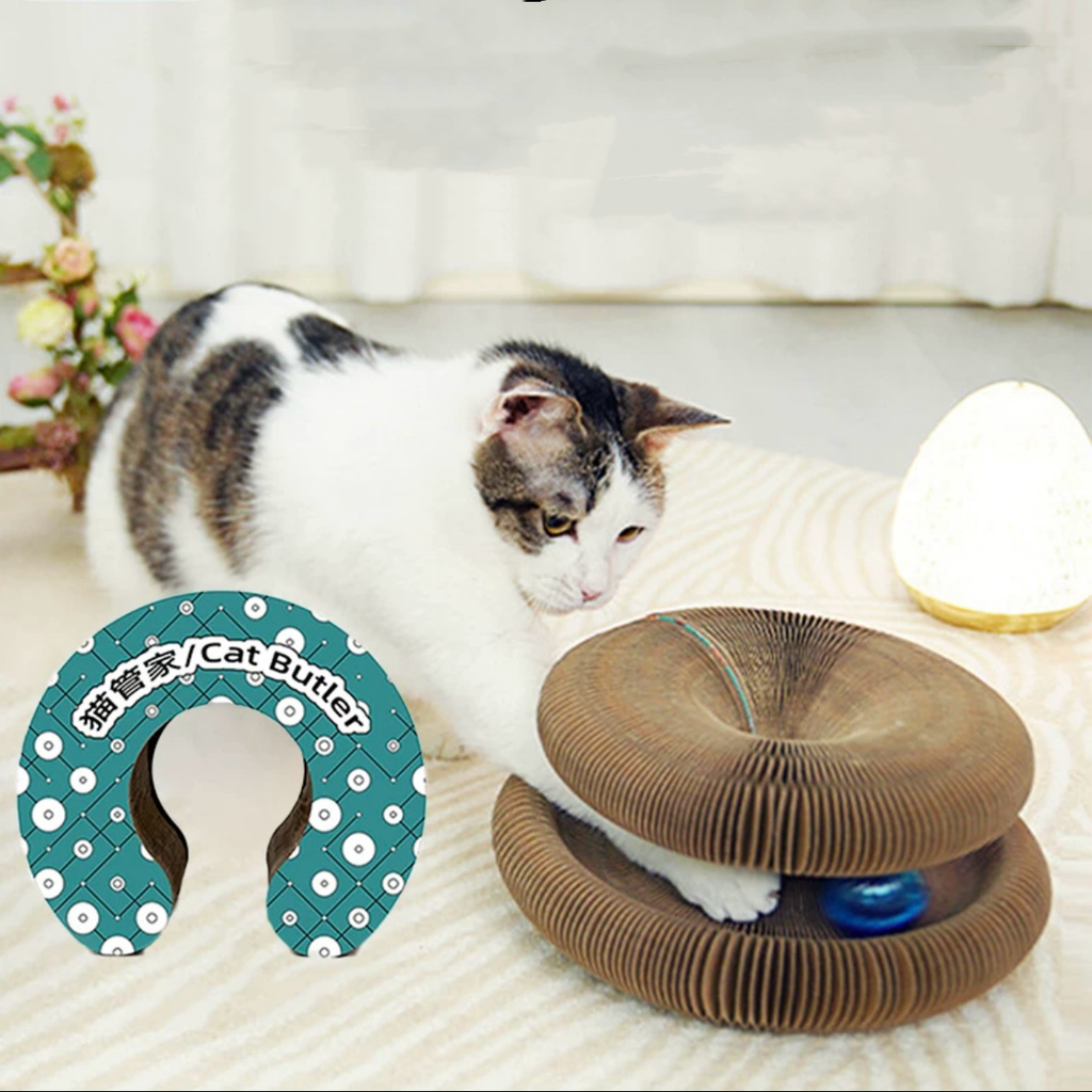 Expandable Cardboard Cat Scratcher with Ball Track