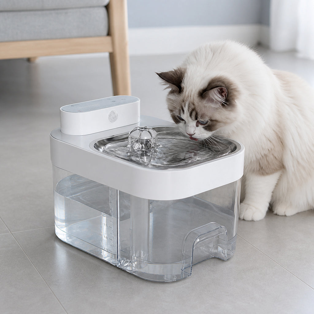 Cat drinking from white automatic water fountain at home