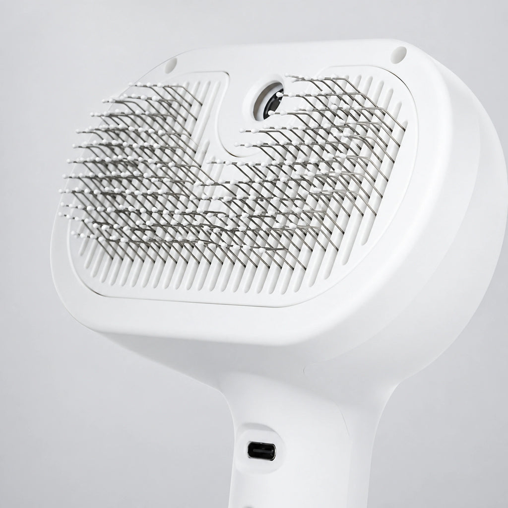 Rounded stainless-steel pin detail of pet grooming brush