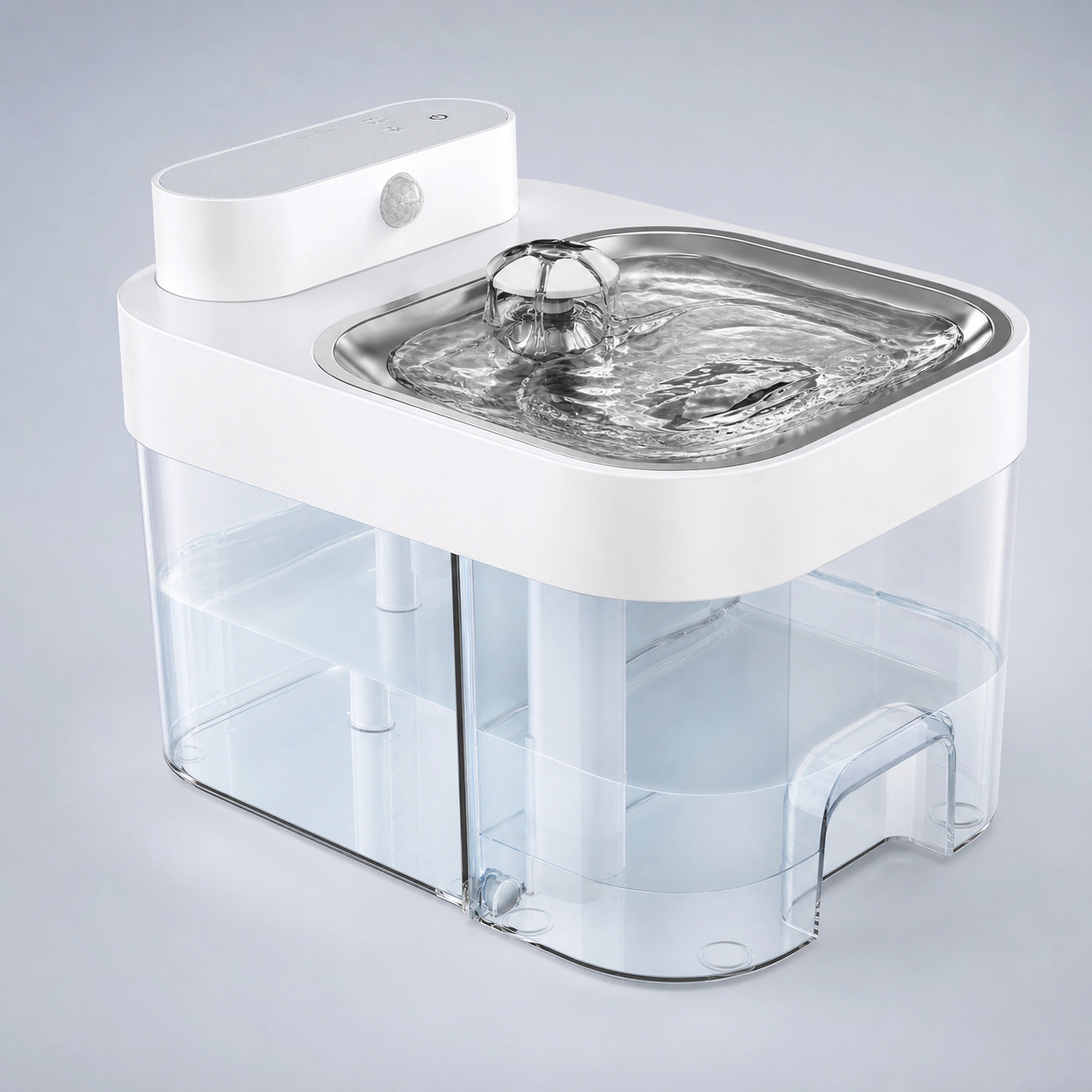 Transparent water tank detail on white automatic cat fountain
