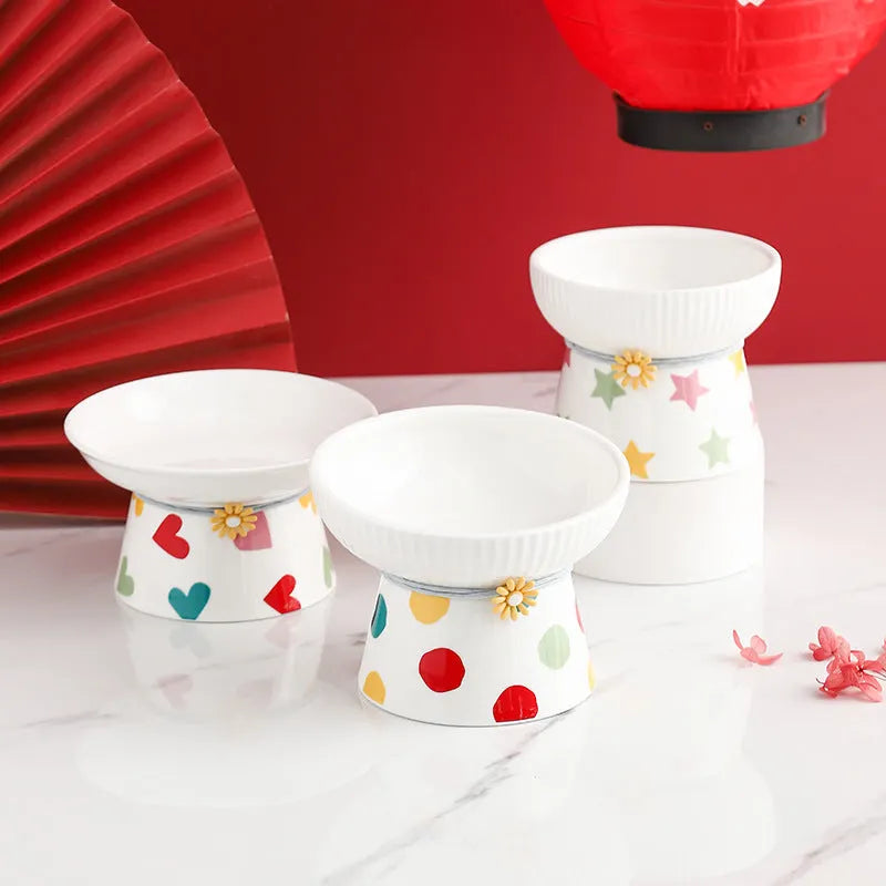 Colorful Polka Dot Raised Ceramic Cat Bowls – 6 Models