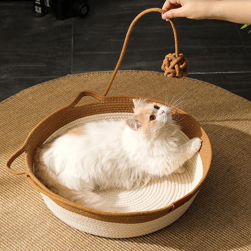 Handwoven Cotton Rope Cat Basket Bed with Teaser – 10 Designs