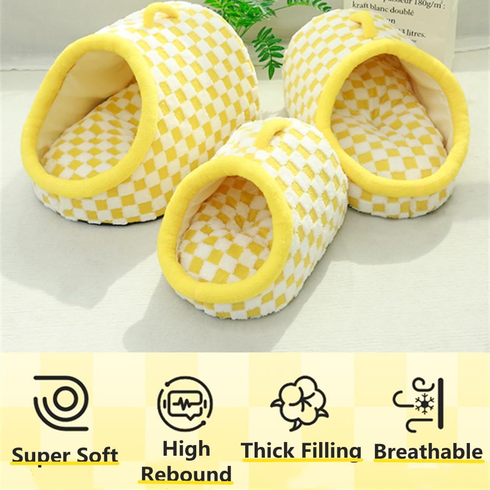 Checkered Plush Cave Bed for Cats & Small Dogs
