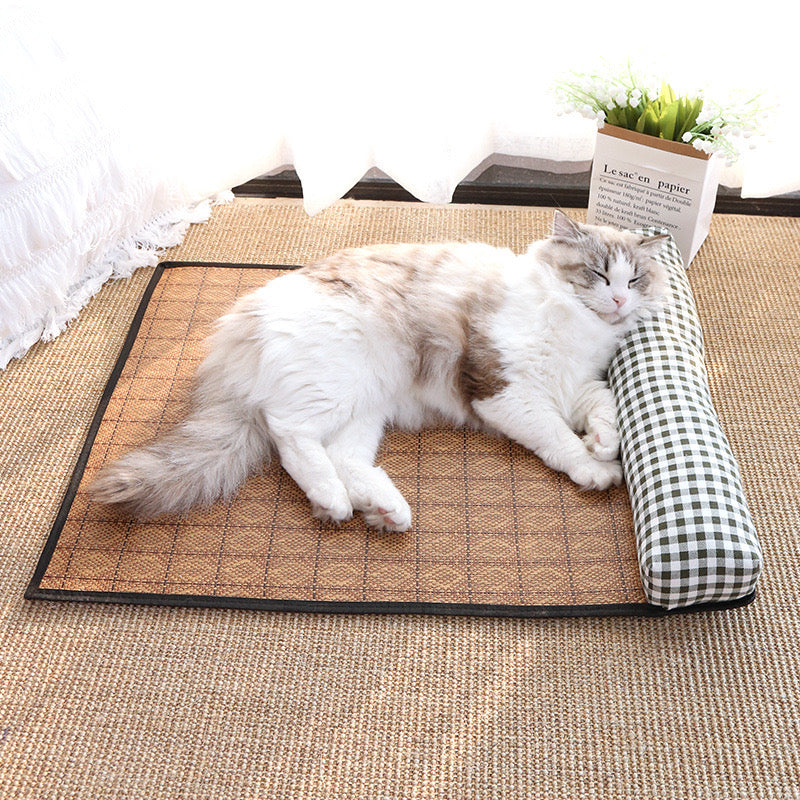 Breathable Rattan-Weave Pet Mat with Pillow – 5 Colors, 3 Sizes