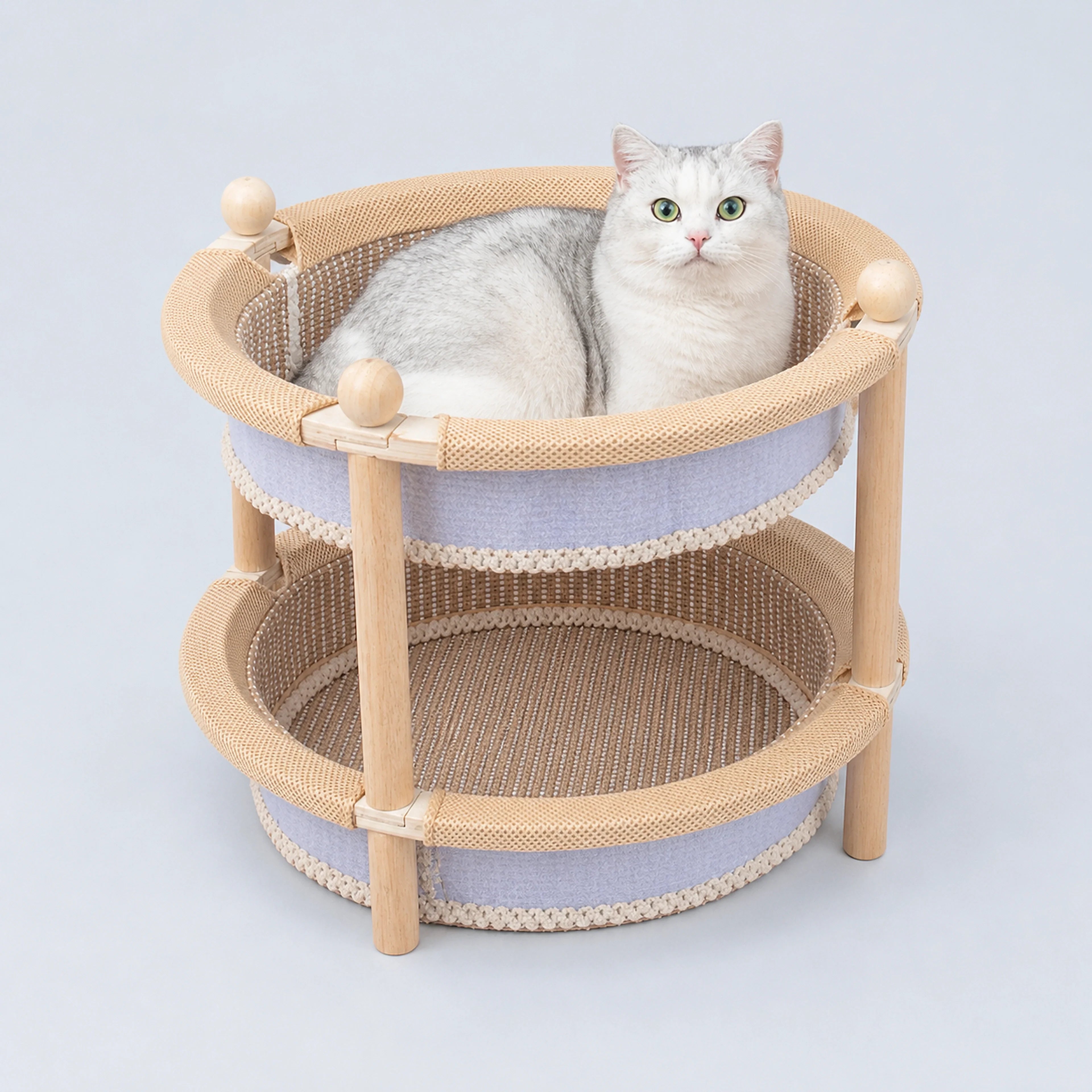 2-Tier Wooden Cat Scratcher Bed with Sisal Mat & Play Ball | ALDERKIN