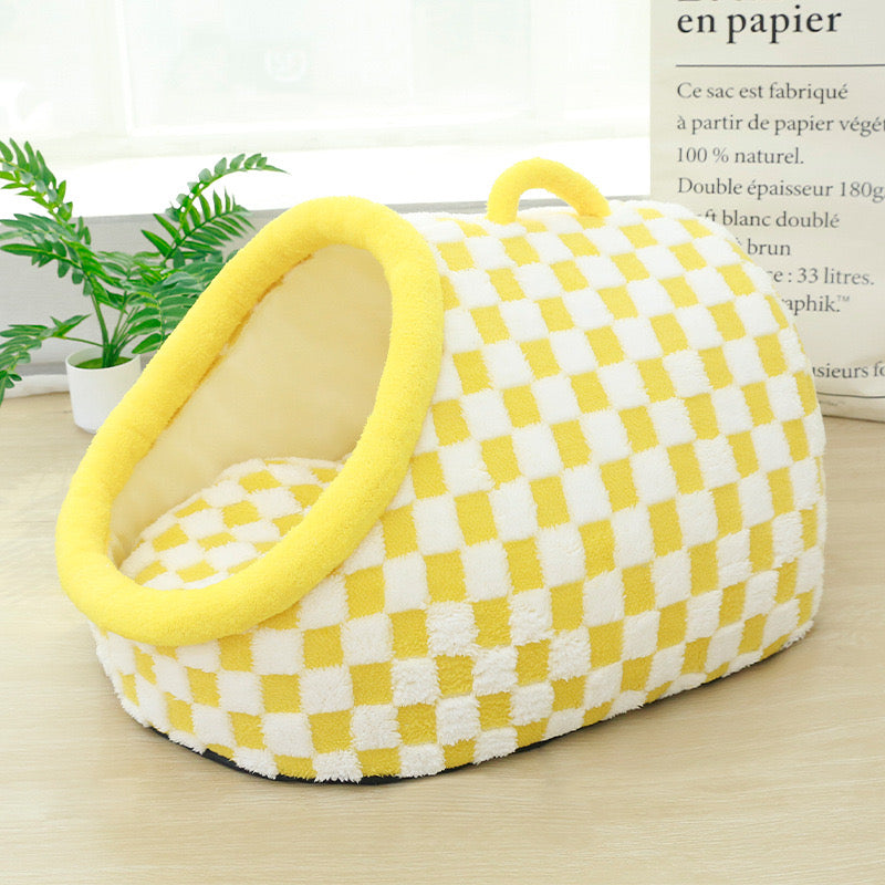 Checkered Plush Cave Bed for Cats & Small Dogs