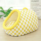 Checkered Plush Cave Bed for Cats & Small Dogs