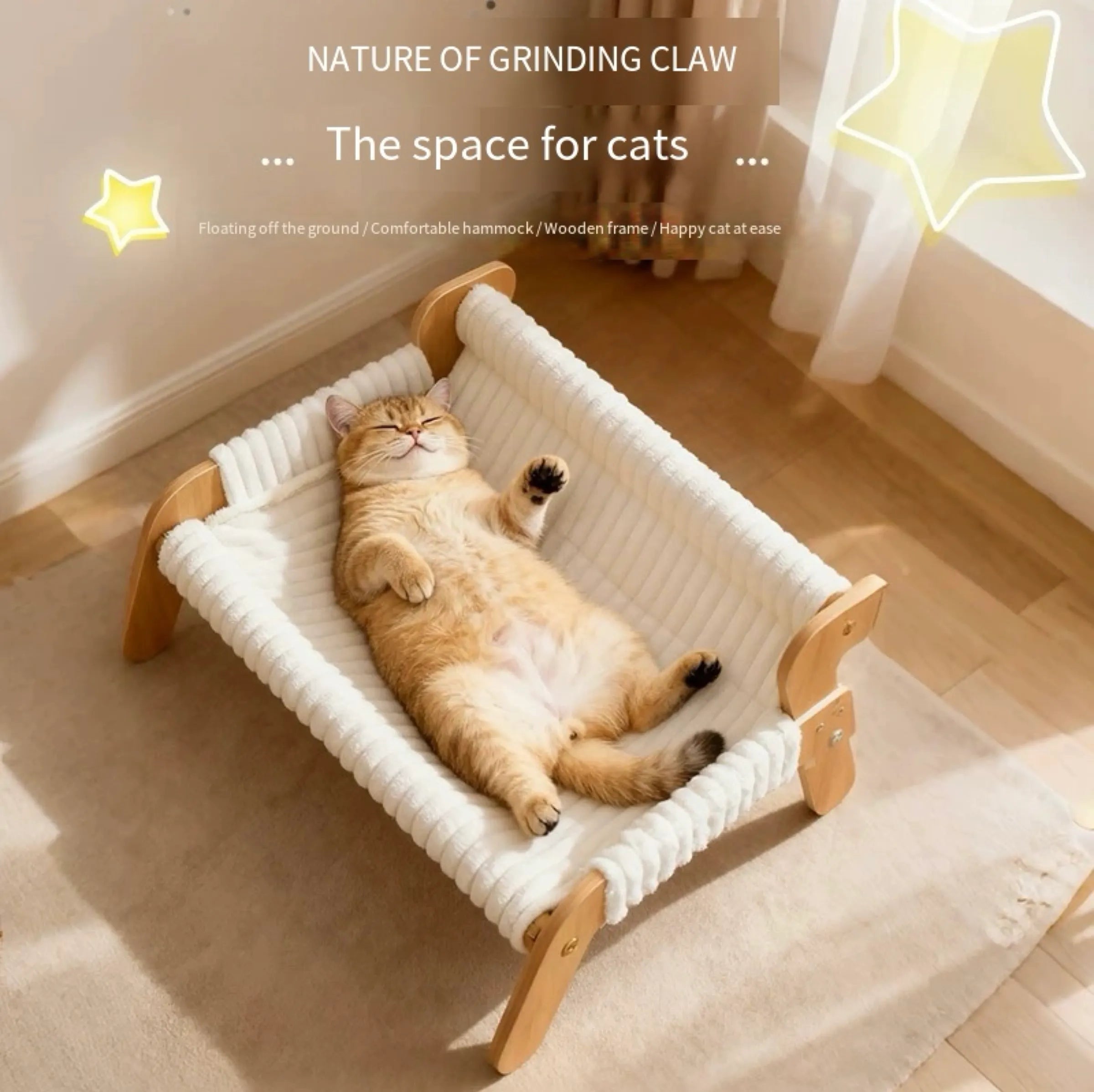 White Plush Cat Hammock with Wooden Frame
