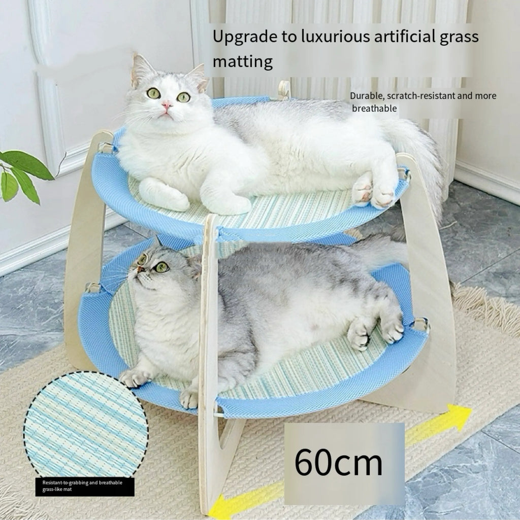 Double-Tier Wooden Cat Hammock with Woven Mats – 3 Colors