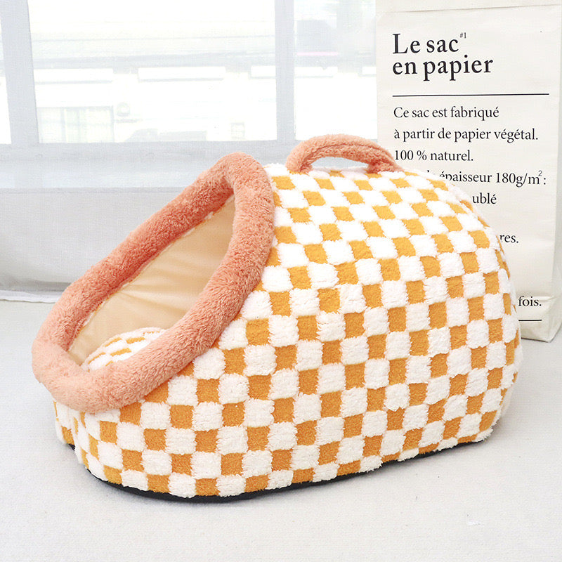Checkered Plush Cave Bed for Cats & Small Dogs