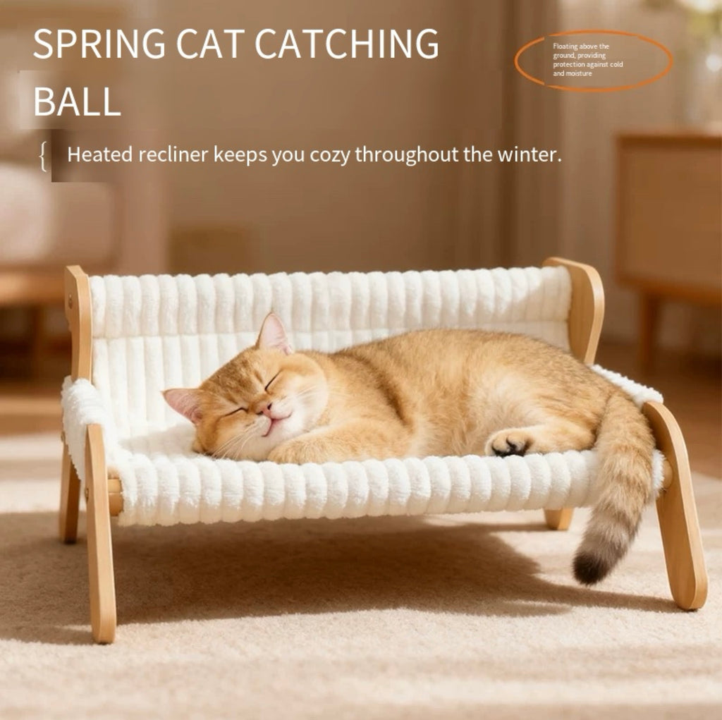 White Plush Cat Hammock with Wooden Frame