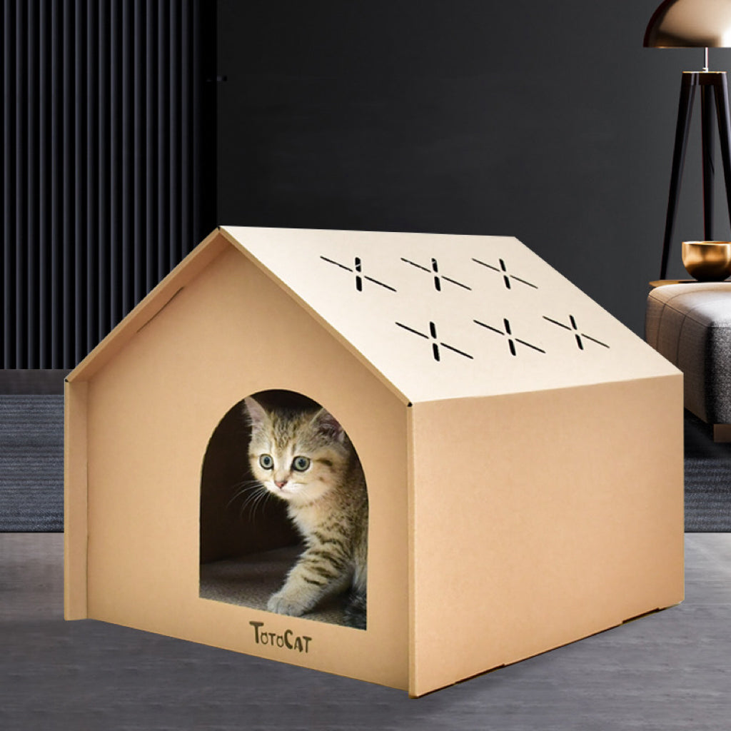 Cardboard Cat House with Integrated Scratching Pad