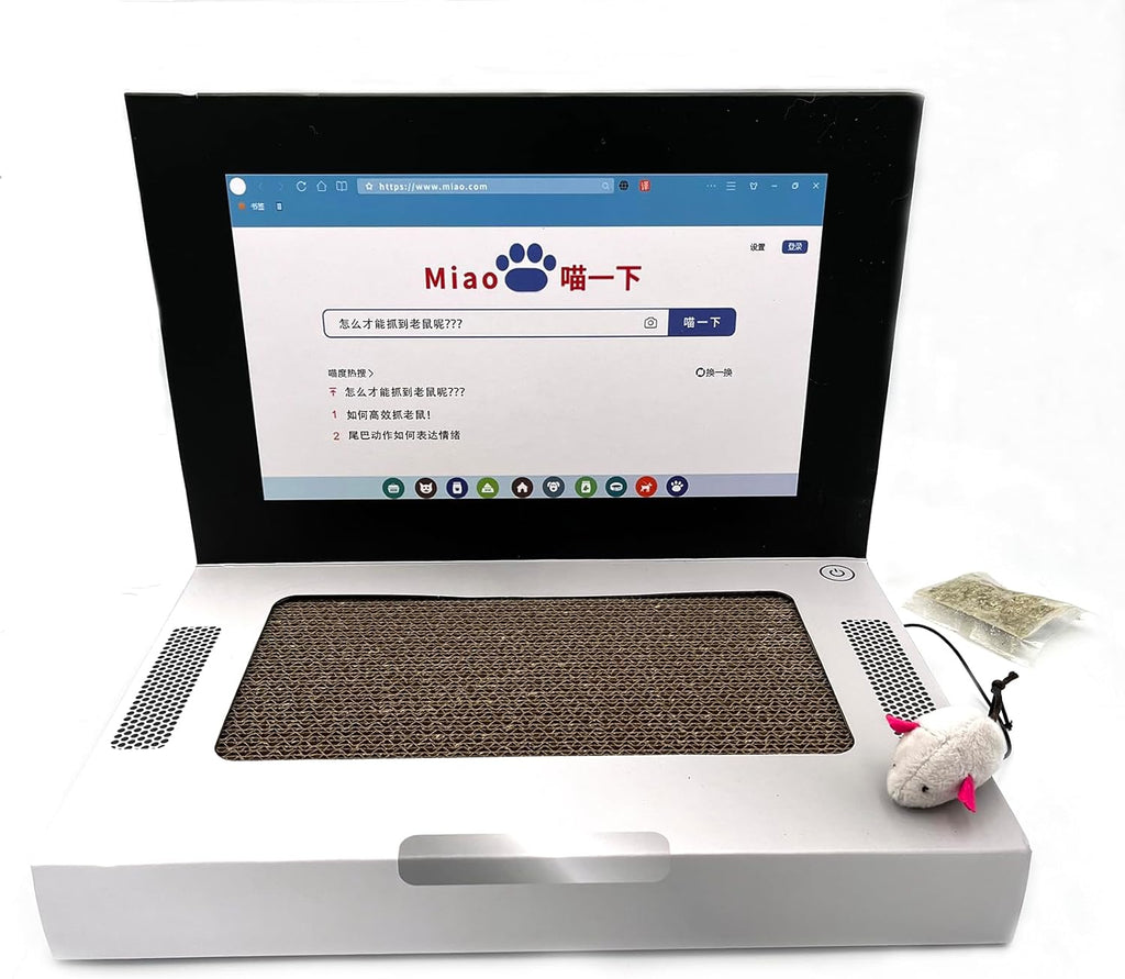 Laptop-Shaped Cardboard Cat Scratcher with Mouse Toy