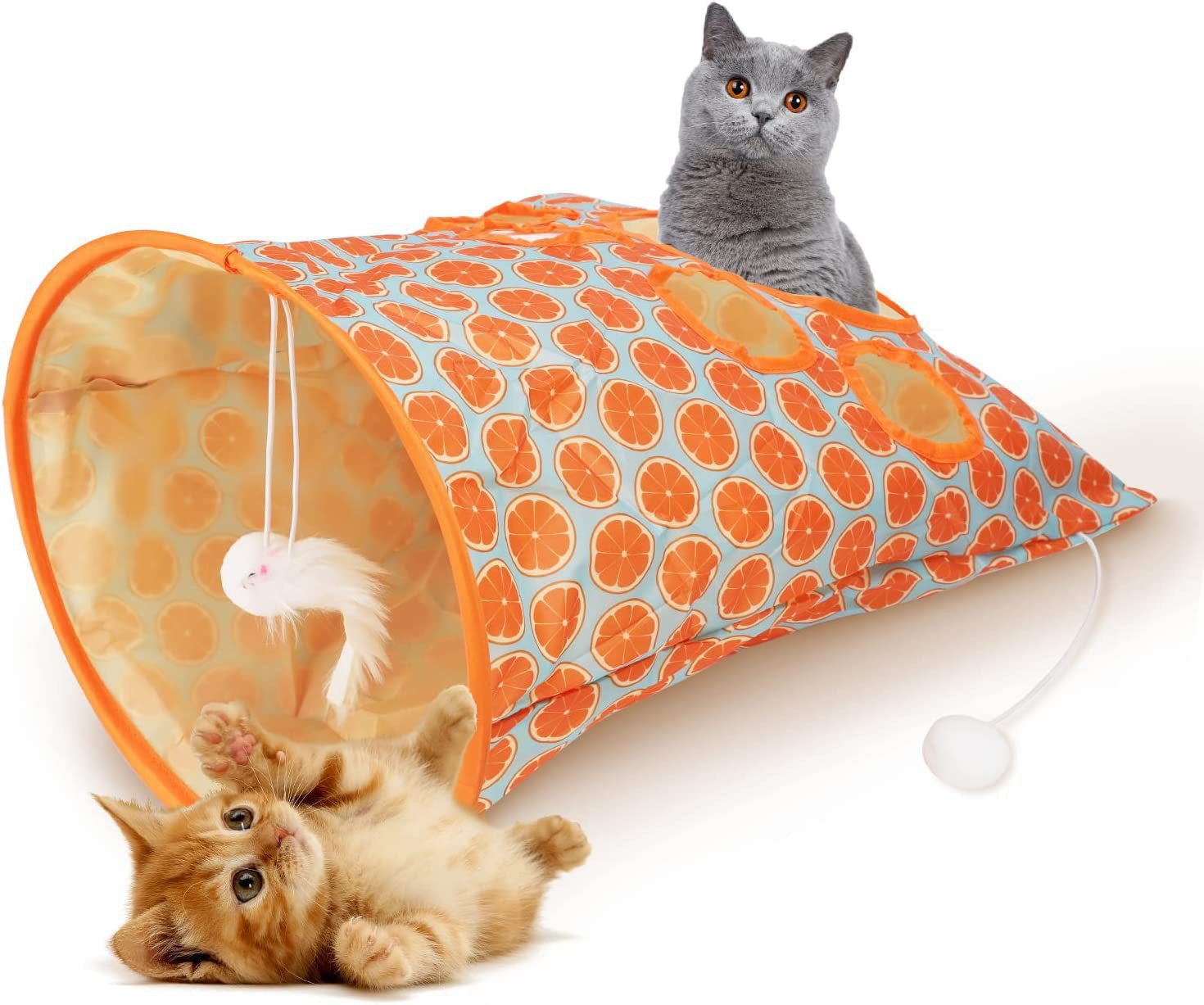 Foldable Cat Play Tunnel with Peek Holes & Hanging Toys