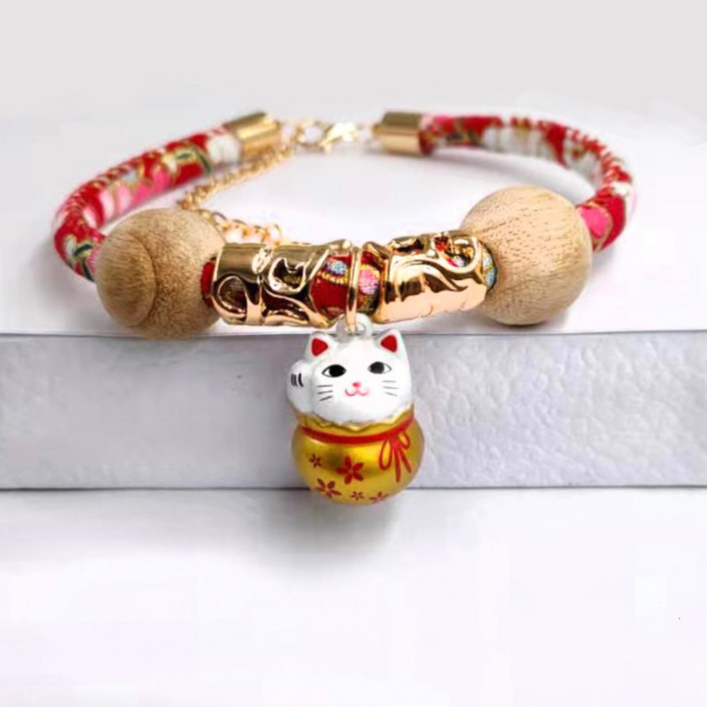 Japanese-Style Cat Collar with Lucky Cat Bell – 4 Designs