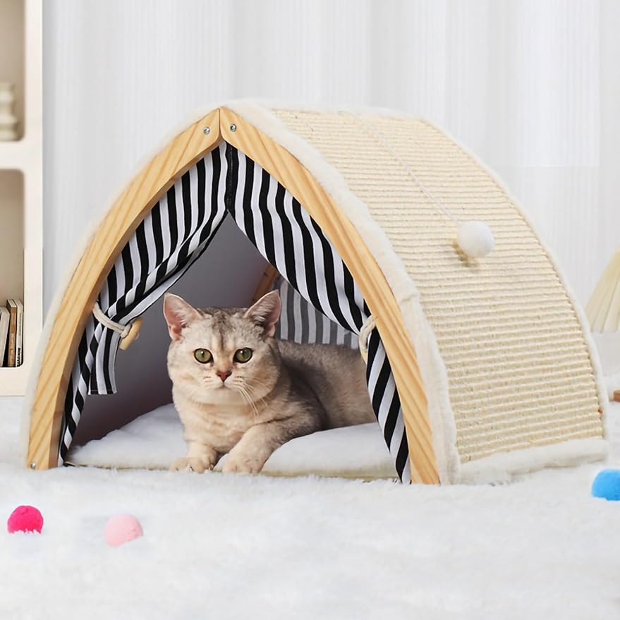 Tent-Shaped Cat House with Sisal Scratcher