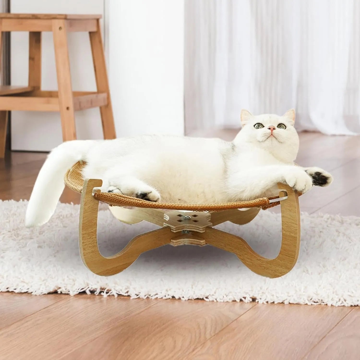 Elevated Natural Rattan Cat Bed with Wooden Base