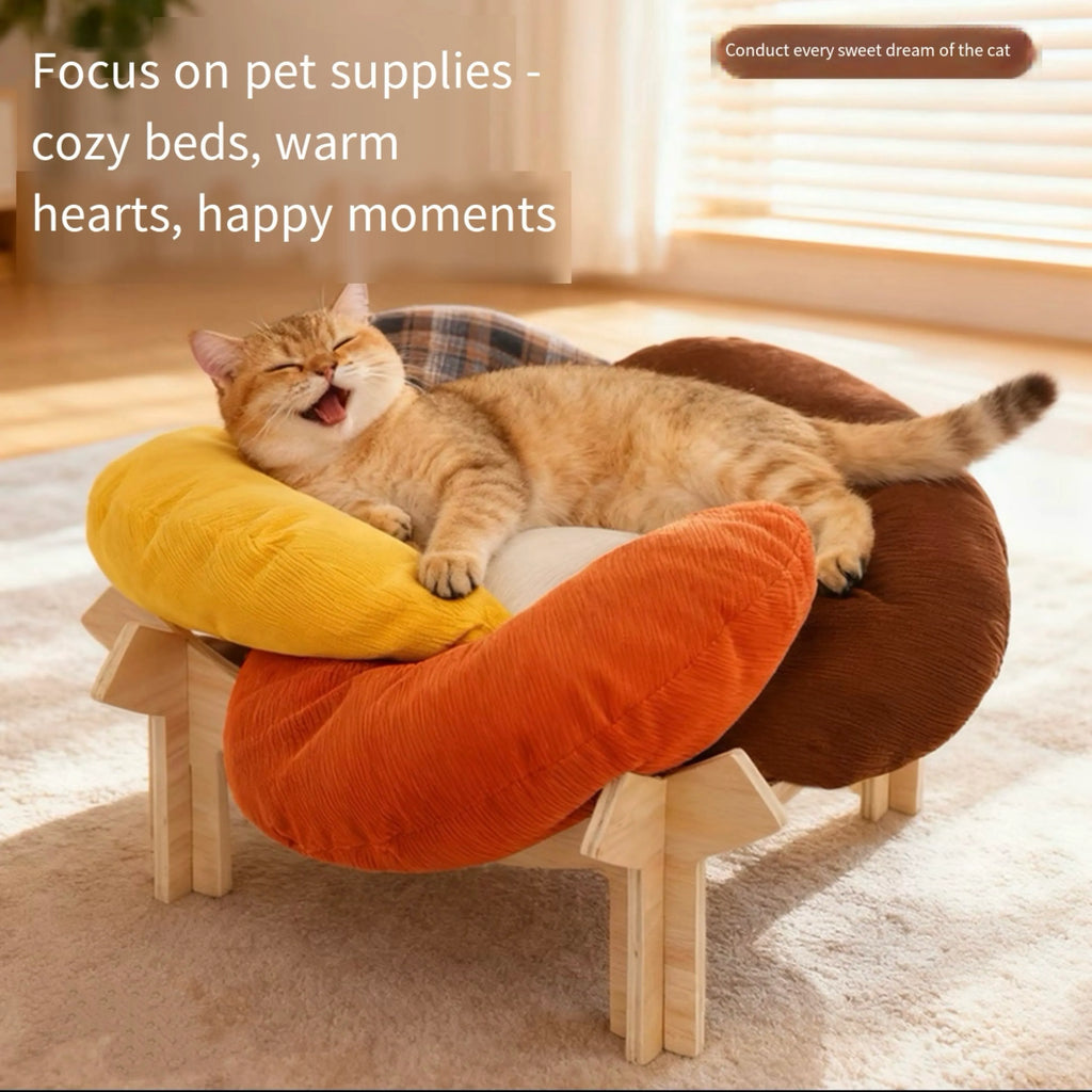 Flower-Shaped Cushioned Cat Lounge with Wooden Base