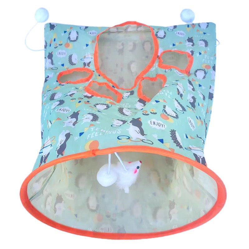 Foldable Cat Play Tunnel with Peek Holes & Hanging Toys