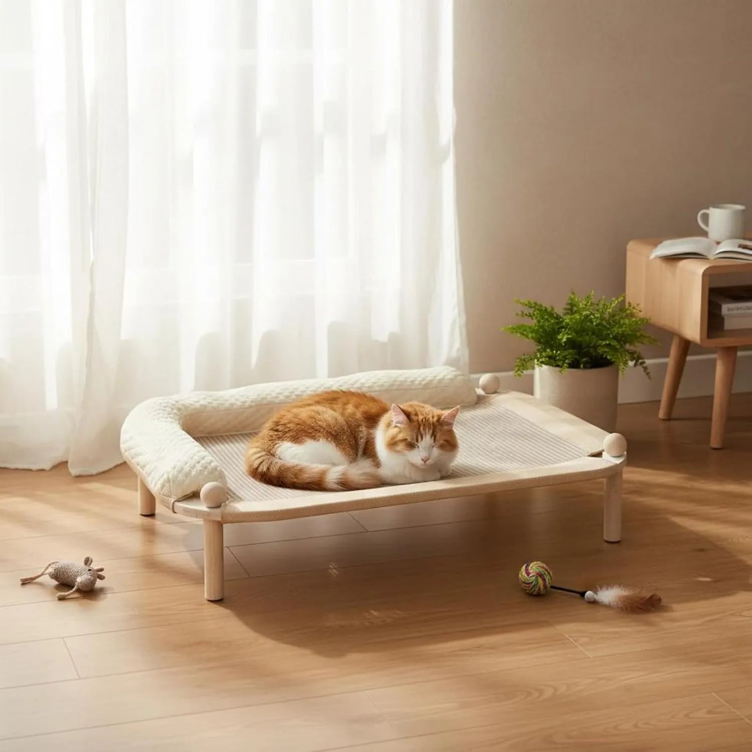 Rectangular Wooden Cat Bed with Cooling or Hemp Mat