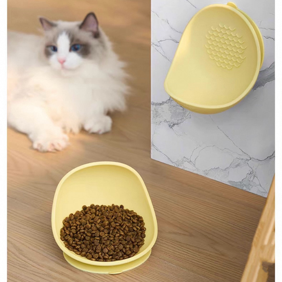 Wall-Mounted Cat Bowl with Textured Licking Panel