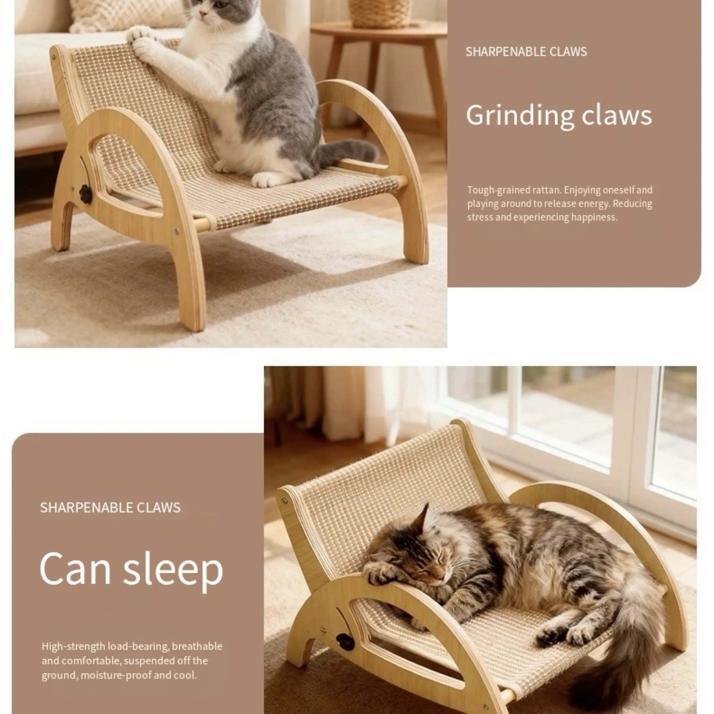 Adjustable Wooden Cat Scratcher Lounge with Sisal Mat