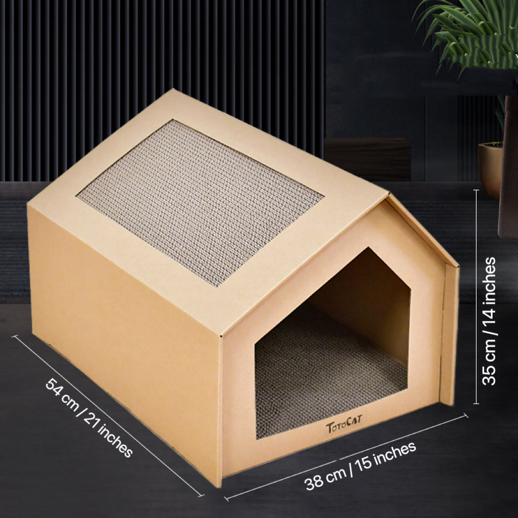 Cardboard Cat House with Integrated Scratching Pad