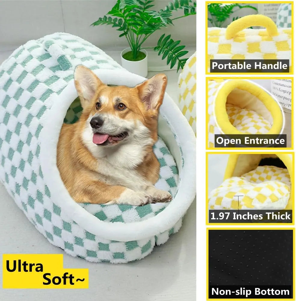 Checkered Plush Cave Bed for Cats & Small Dogs