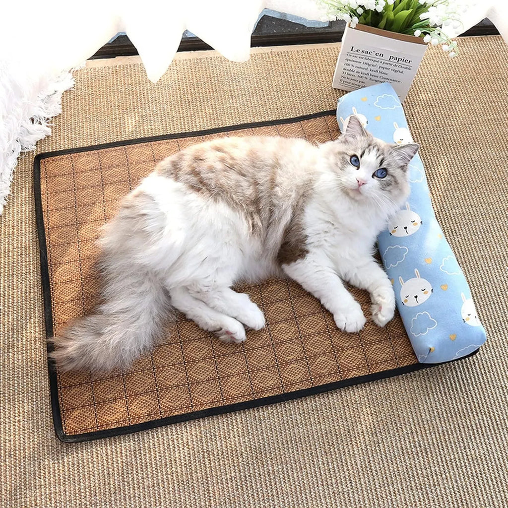 Breathable Rattan-Weave Pet Mat with Pillow – 5 Colors, 3 Sizes