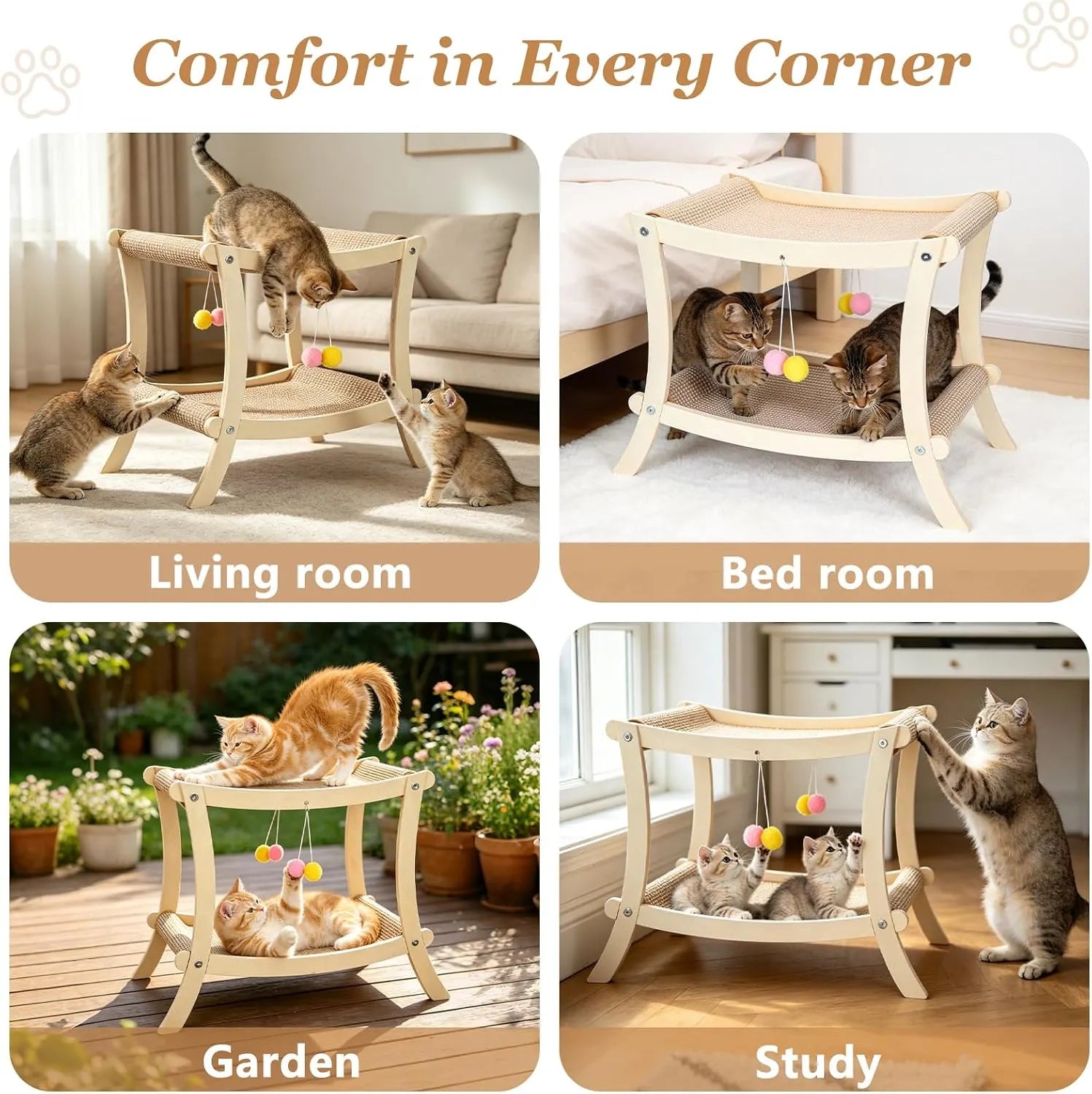 Double-Tier Cat Hammock & Scratcher with Hanging Toys – 2 Styles