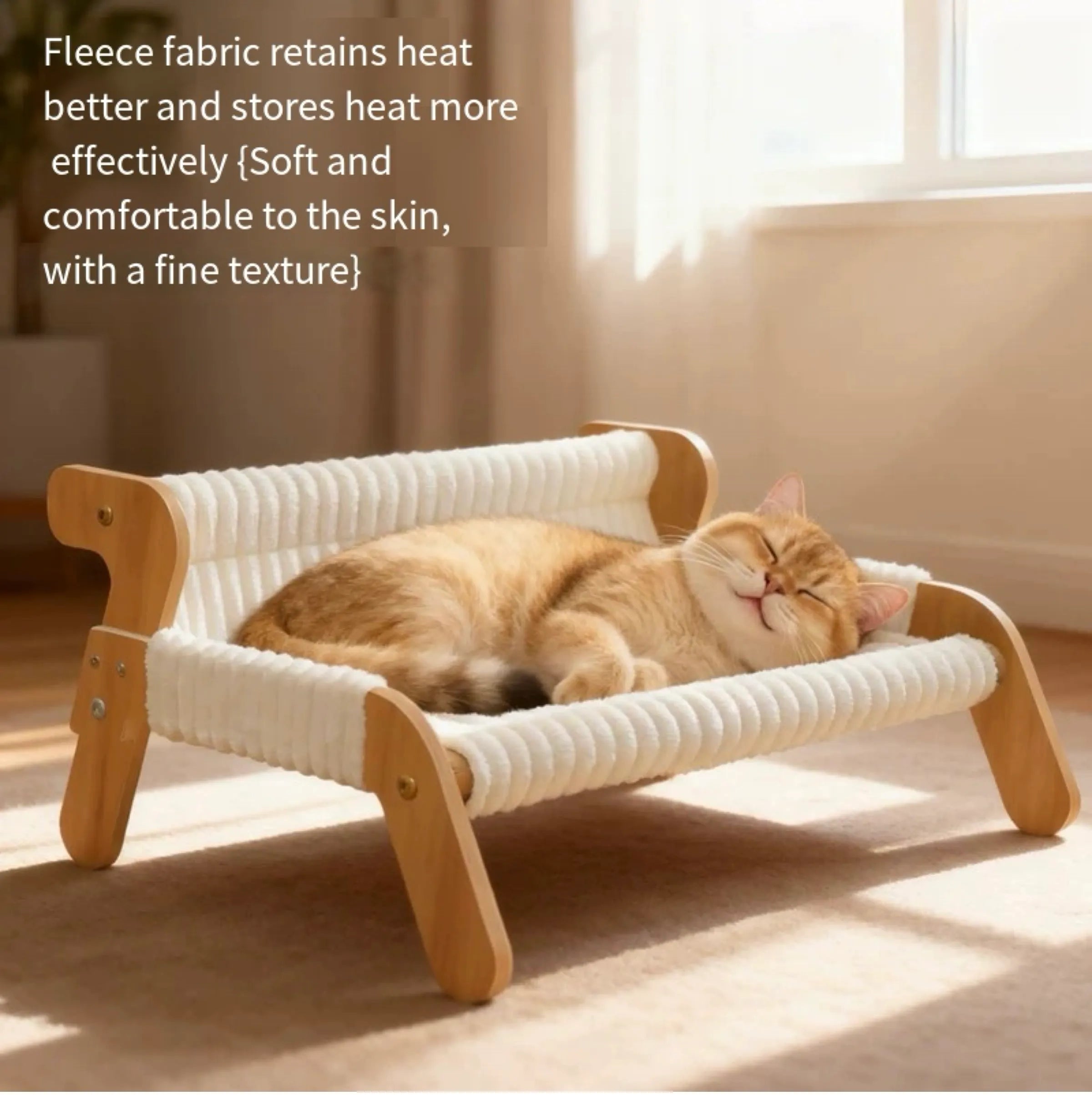 White Plush Cat Hammock with Wooden Frame