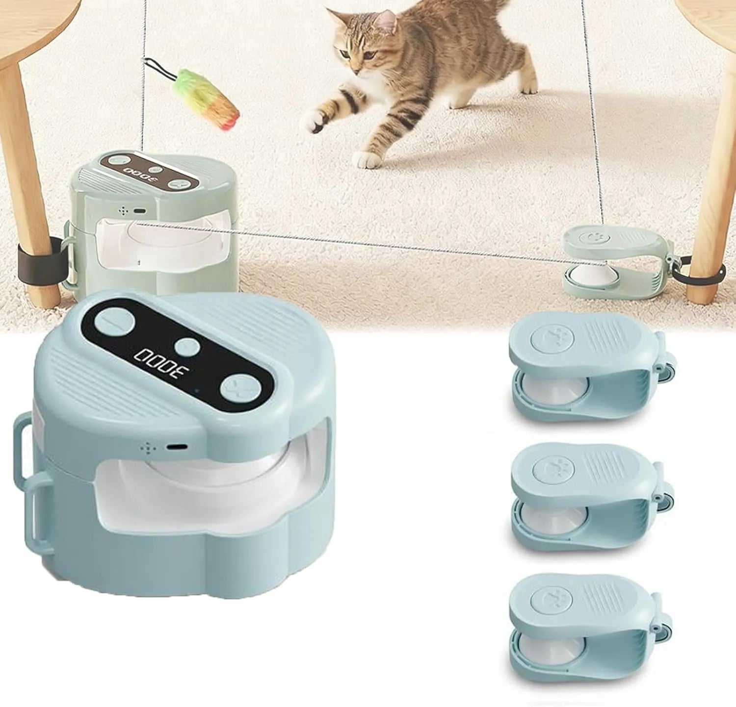 Remote Control Rope-Track Cat Teaser with Feather & Sound