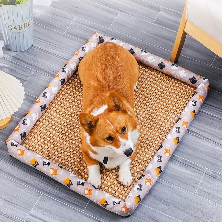 Rattan-Weave Pet Cooling Mat with Bolster – 5 Styles, 5 Sizes