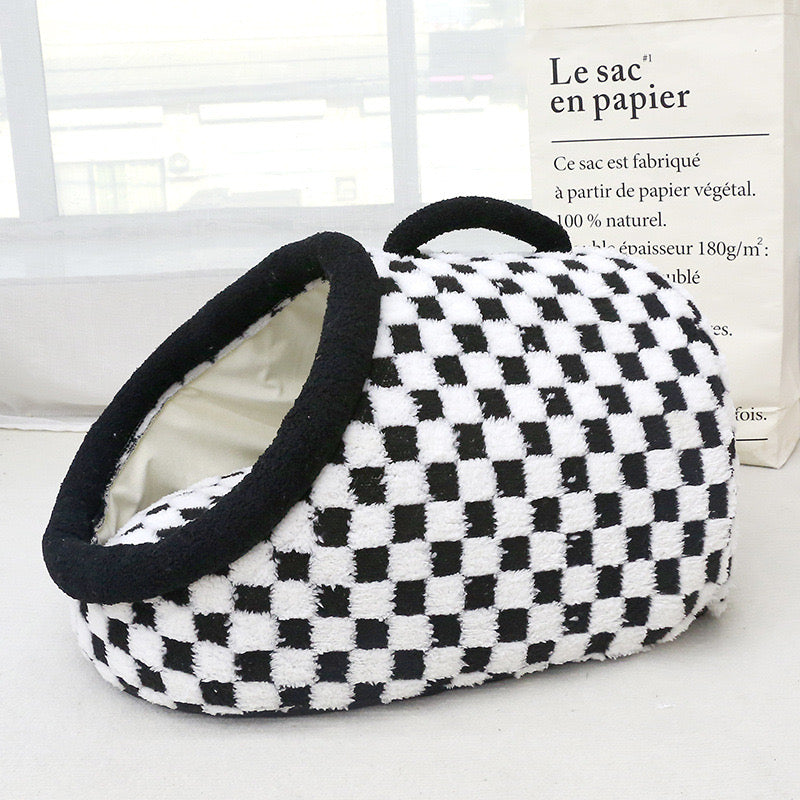 Checkered Plush Cave Bed for Cats & Small Dogs