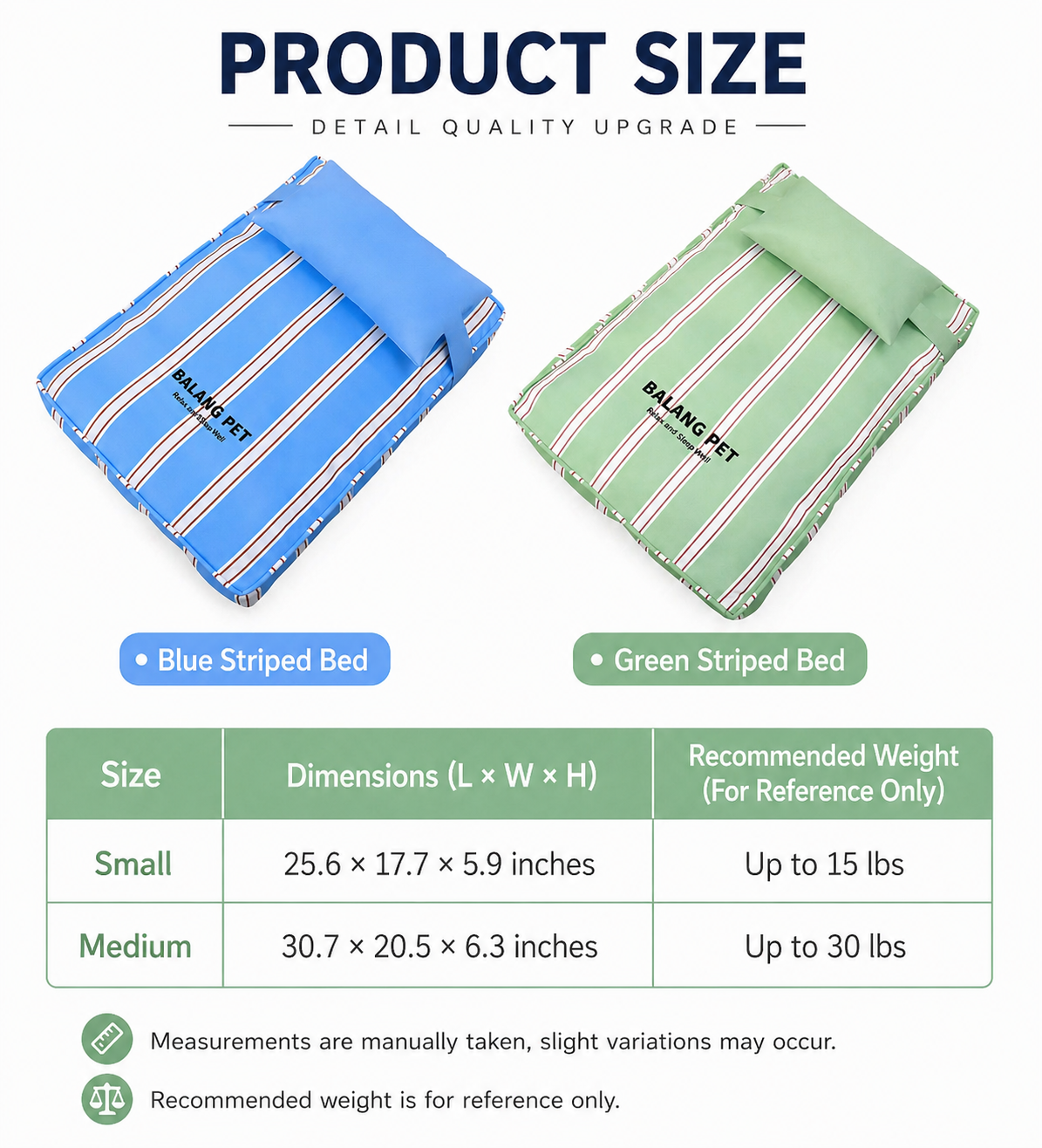 Striped Pet Mattress Bed with Pillow – S or M