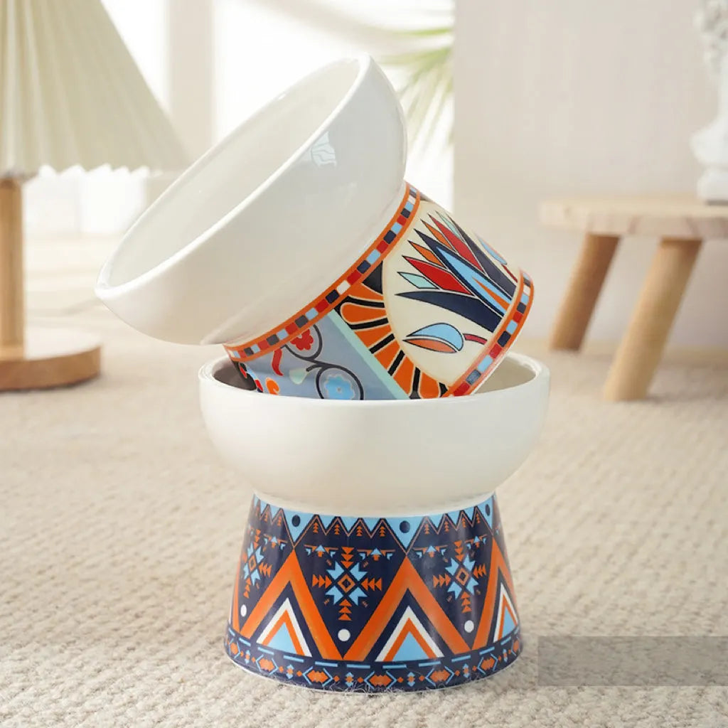 Geometric Pattern Raised Ceramic Cat Bowl – 9 Designs