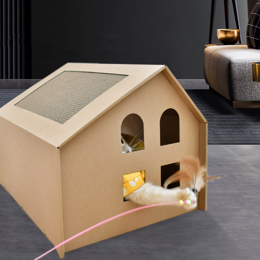 Cardboard Cat House with Integrated Scratching Pad