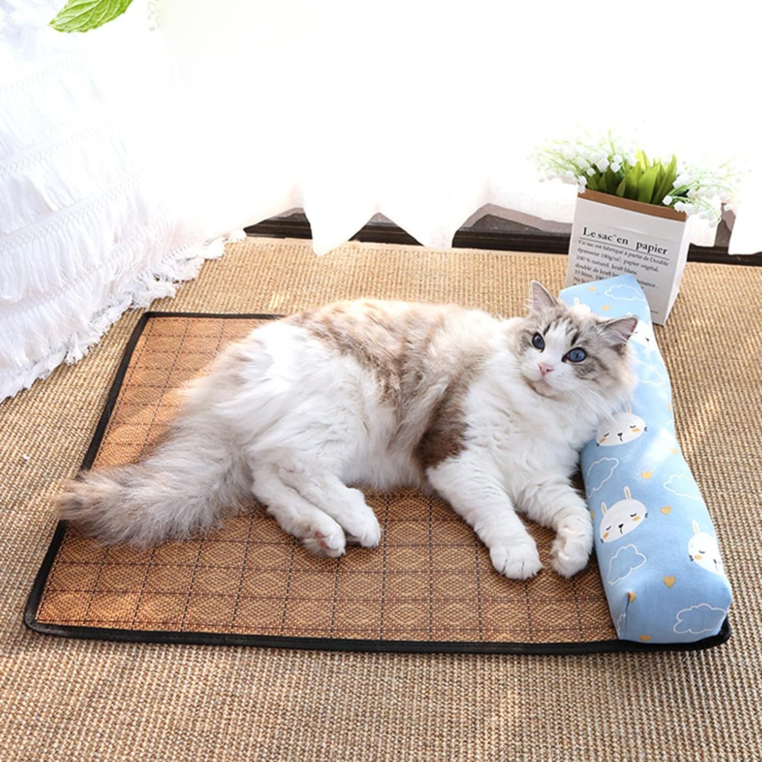 Breathable Rattan-Weave Pet Mat with Pillow – 5 Colors, 3 Sizes