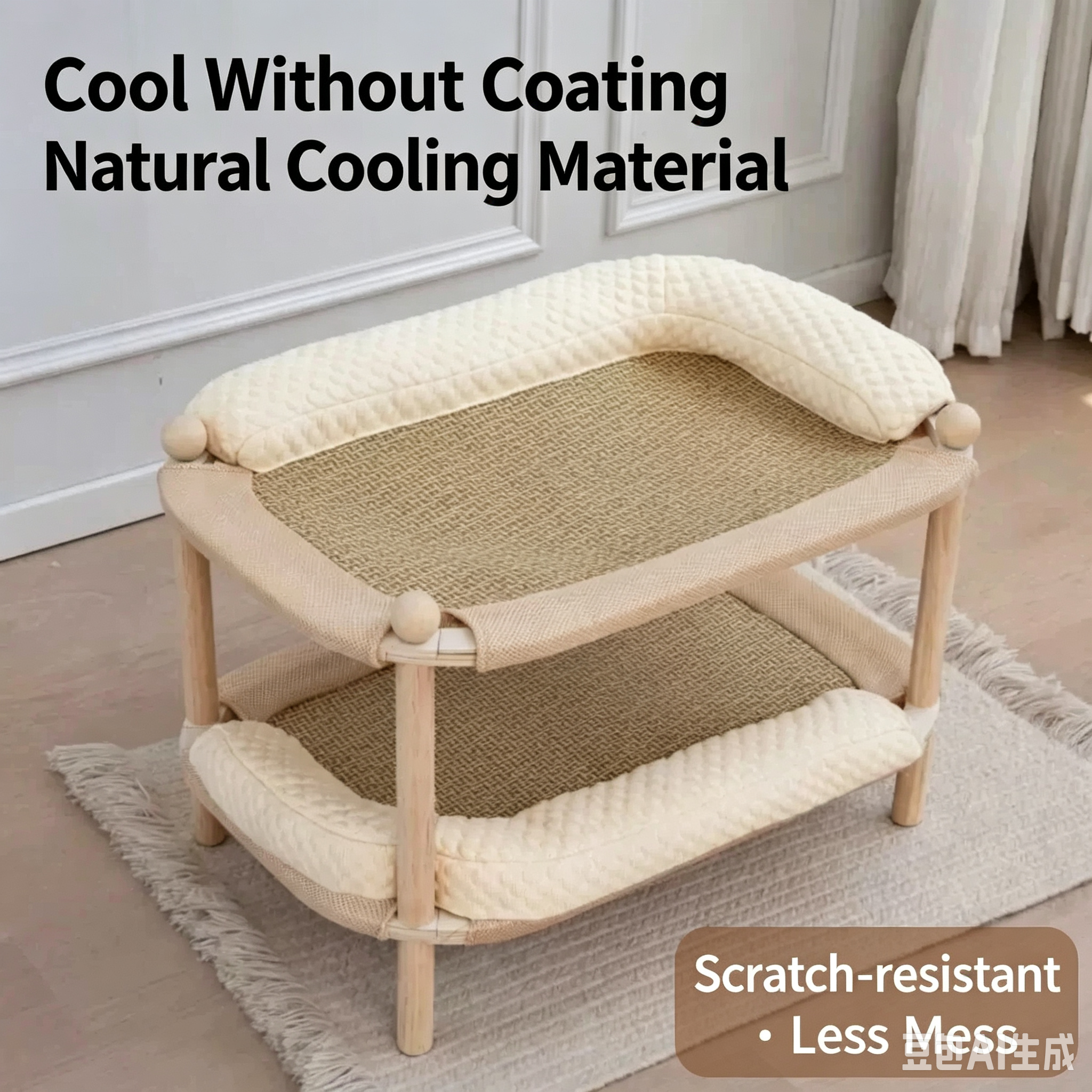 Rectangular Wooden Cat Bed with Cooling or Hemp Mat
