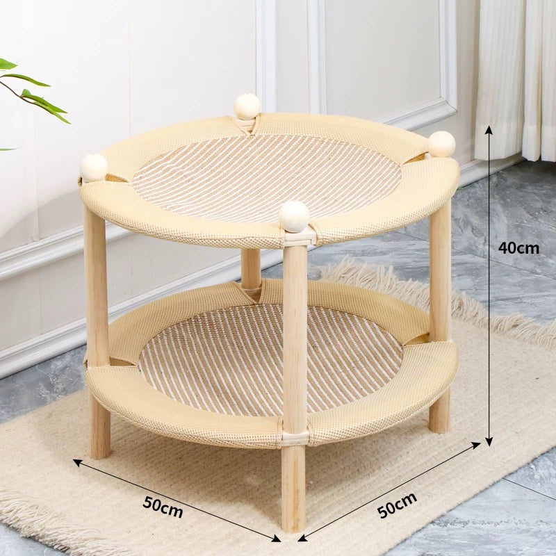 2-Tier Wooden Cat Scratcher Bed with Sisal Mat & Play Ball