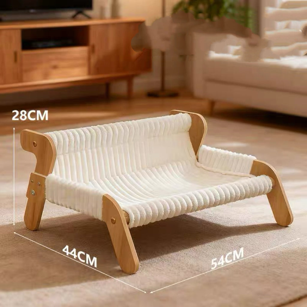 White Plush Cat Hammock with Wooden Frame