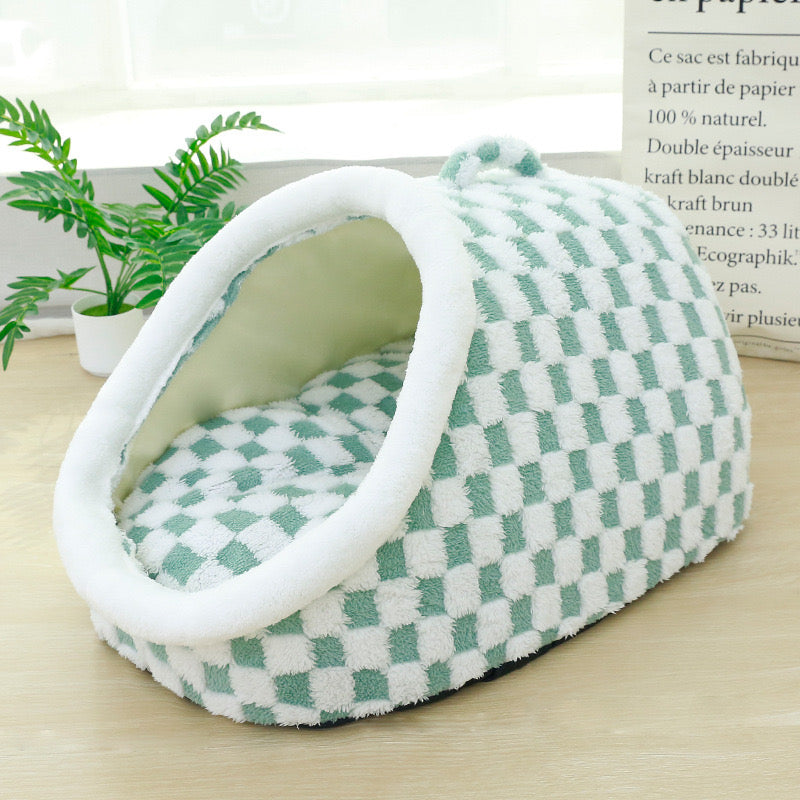 Checkered Plush Cave Bed for Cats & Small Dogs