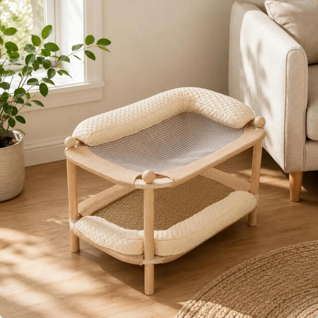 Rectangular Wooden Cat Bed with Cooling or Hemp Mat