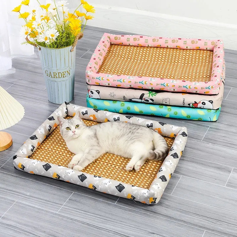 Rattan-Weave Pet Cooling Mat with Bolster – 5 Styles, 5 Sizes