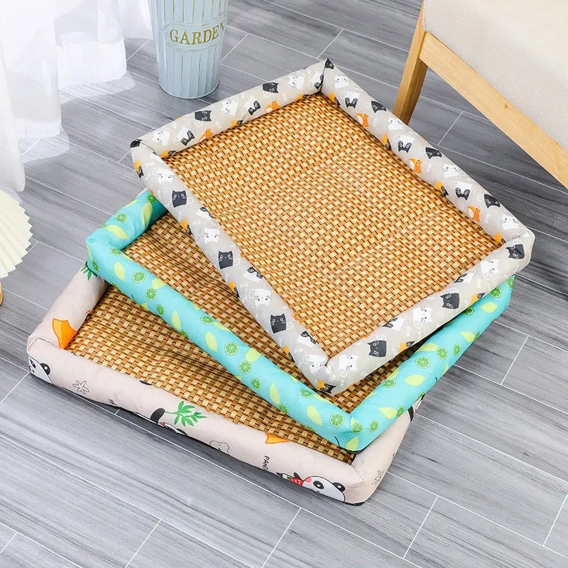 Rattan-Weave Pet Cooling Mat with Bolster – 5 Styles, 5 Sizes