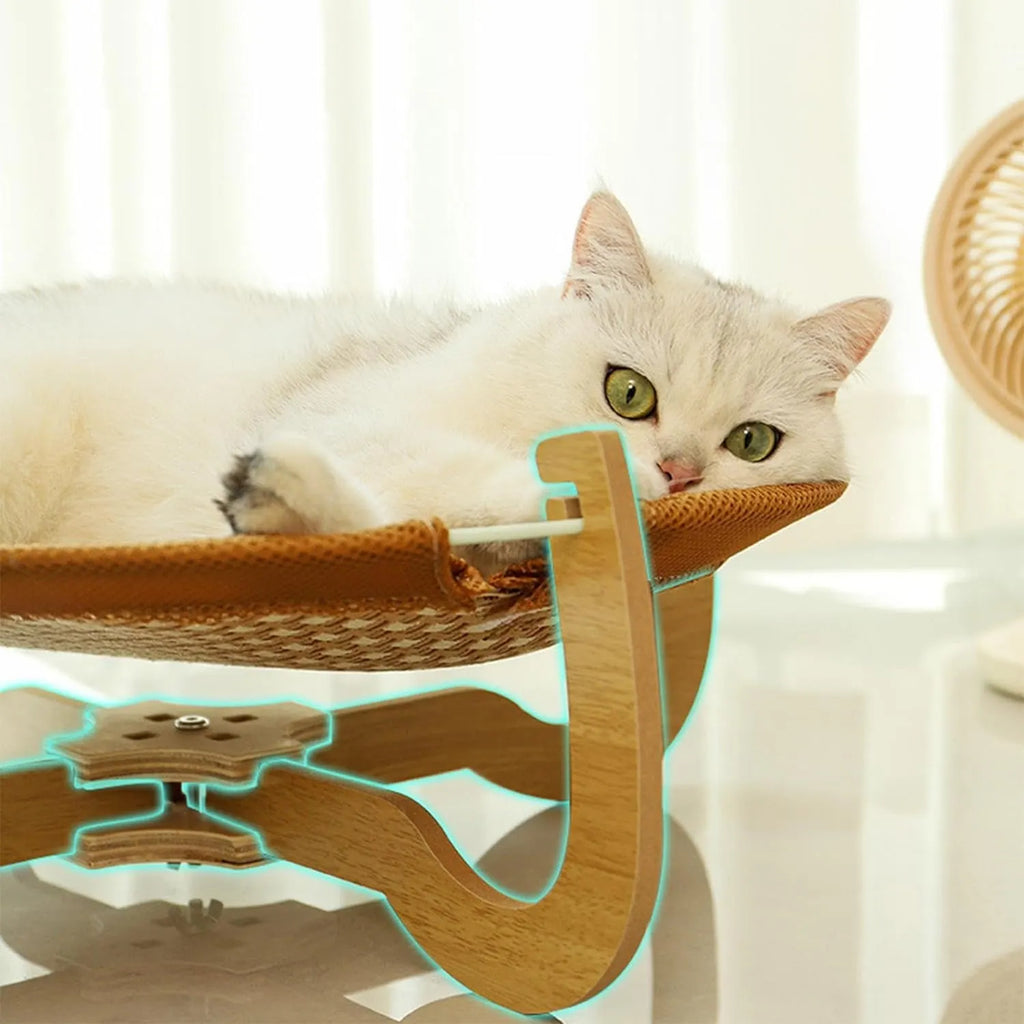 Elevated Natural Rattan Cat Bed with Wooden Base